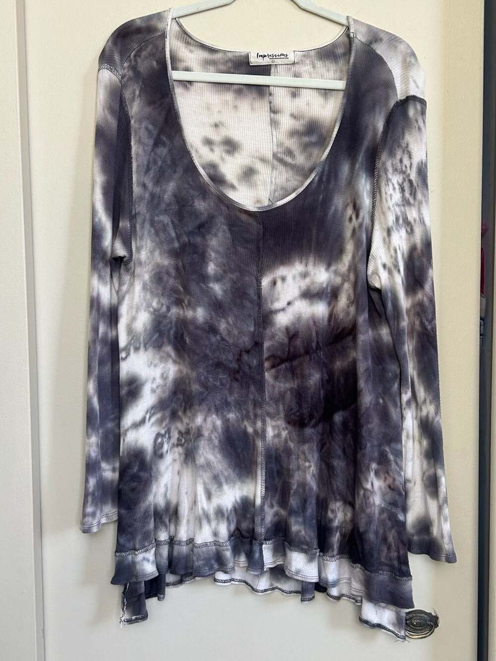 Impressions Long Sleeve Thermal Waffle Knit Tie Dye Tunic Top Size L